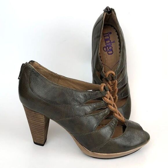 Clarks Indigo Heels Size 6 Retro Leather Peep-Toe Zip Leather Lacing Khaki - Picture 1 of 7